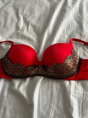 Victoria's Secret Red Balconet Bra with Black and Gold Lace
